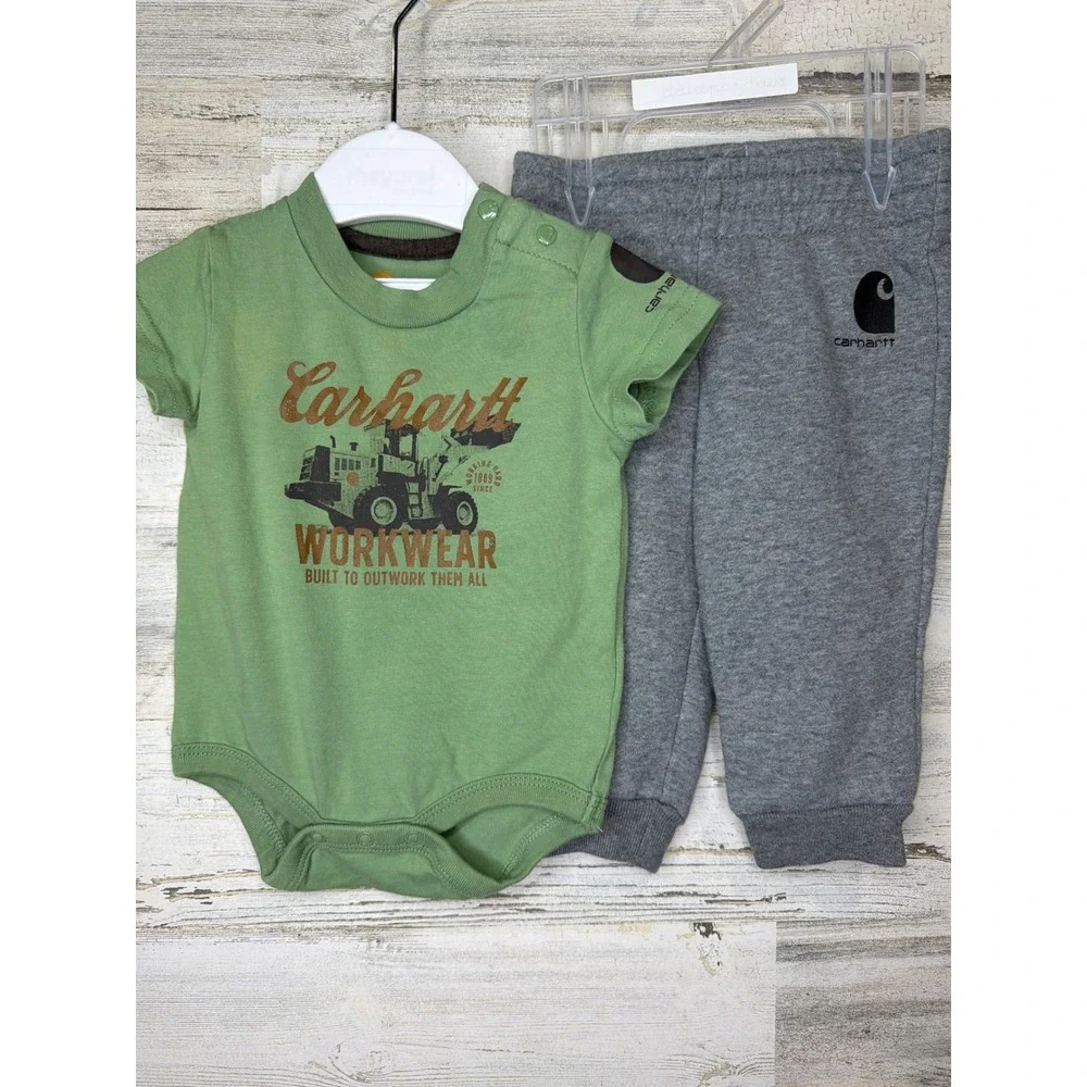 Carhartt Bodysuit Pant Set Boys 3M Green Gray Tractor Workwear Gorpcore EUC
